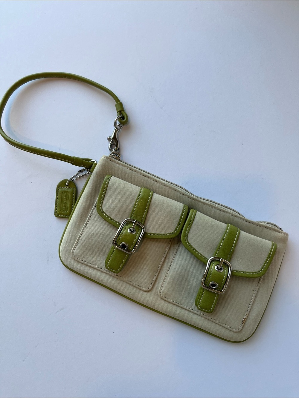 Vintage Coach Wristlet Y2K Tan Green Buckle